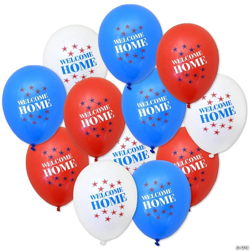 Patriotic Welcome Home Latex Balloons (12 Pcs)! 12" Red, White, & Blue Balloons With Contrast Print On 2 Sides