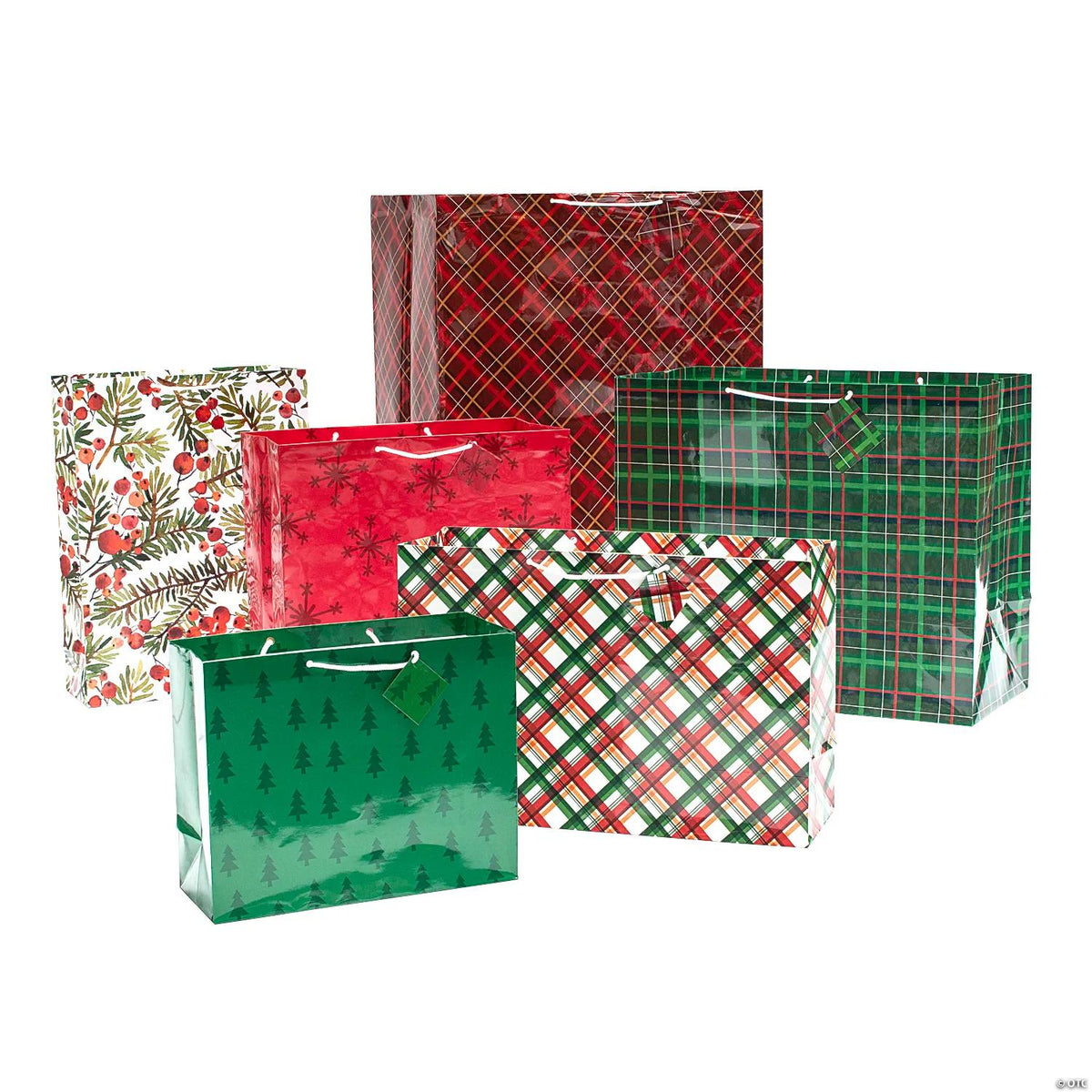 Six patterned Christmas paper gift bags with tags