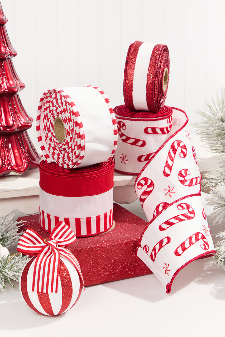2.5" x 10 Yard White Dupioni with Red & White Piping Ribbon
