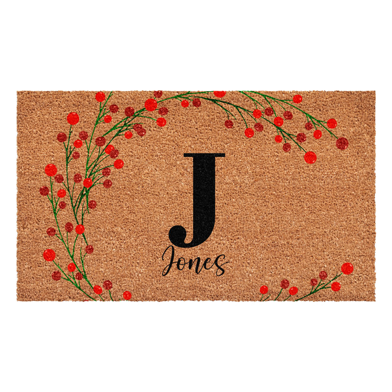 Personalized Christmas Berries Doormat, Letter J