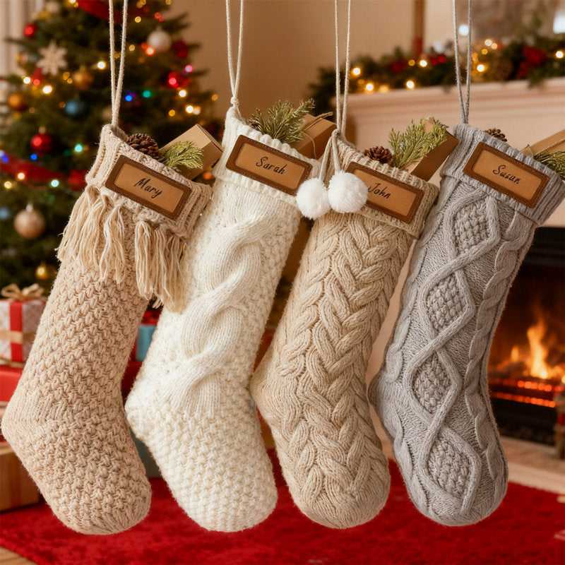 Personalized Knitted Christmas Stockings: 4 Pack 18 Inch Cable Knit Christmas Stockings, Cozy Hanging Xmas Stockings Boho Farmhouse Decorations For Family Holiday DÃ©cor