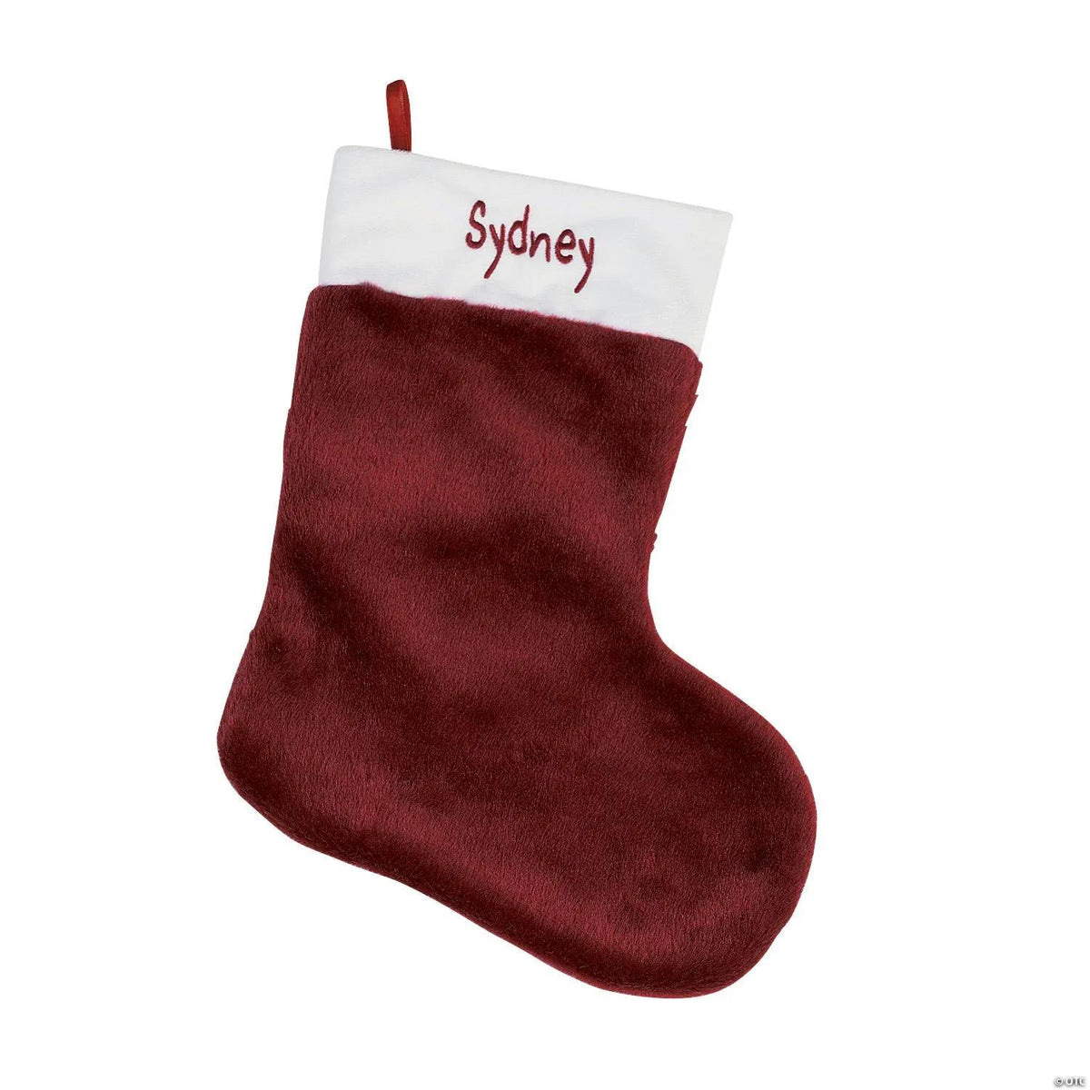 Burgundy plush Christmas stocking available with a personalized name