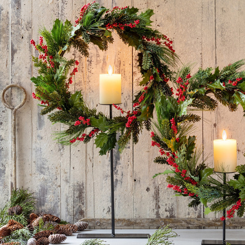 22" Farmhouse Artificial Cypress Christmas Wreath hanging on a front door