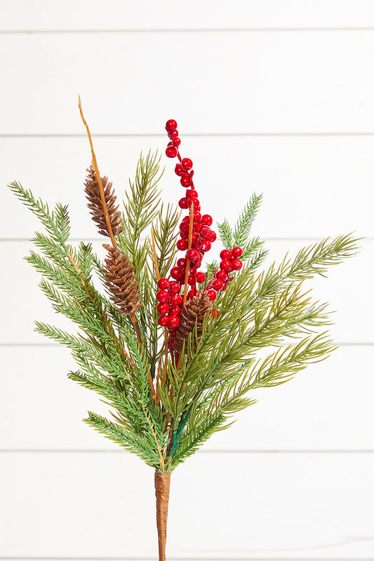 18" Red Berries Pine Spray for Festive Floral Arrangements and Holiday Decor
