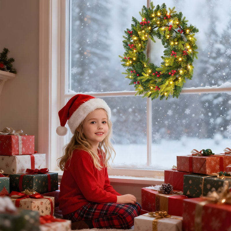 Pinecone & Berry 24" Pre-Lit Christmas Wreath for Front Door, Wall, or Mante