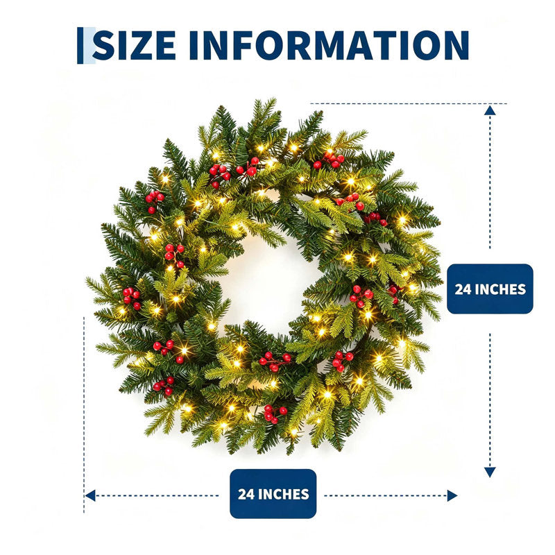 Pinecone & Berry 24" Pre-Lit Christmas Wreath for Front Door, Wall, or Mante