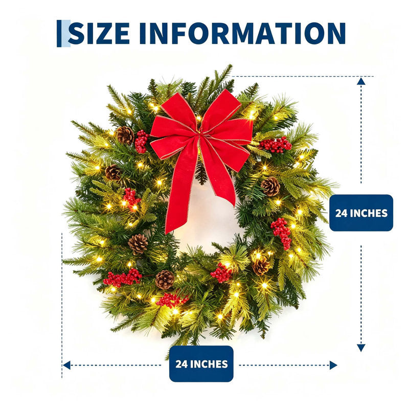 Pinecone & Berry 24" Pre-Lit Christmas Wreath for Front Door, Wall, or Mantel