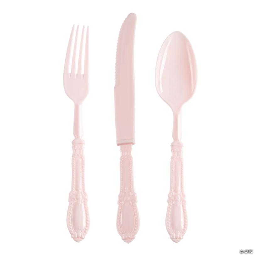 Pink Baroque Disposable Plastic Cutlery Set - 20 Spoons, 20 Forks and 20 Knives - 480 Guests | USA Decoration®