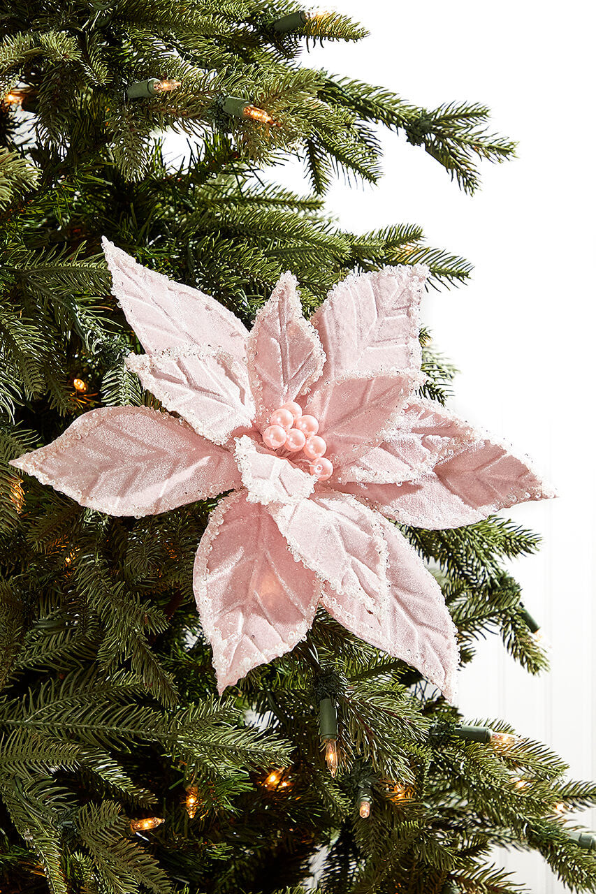 22" Light Pink Velvet Poinsettia Stem Elegant Artificial Christmas Flower for Holiday Décor and Floral Arrangements