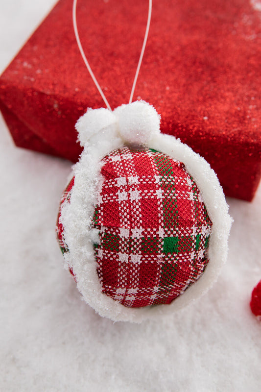 5 Inch Glitter Fur Edge Plaid Ball Ornament Christmas Decoration