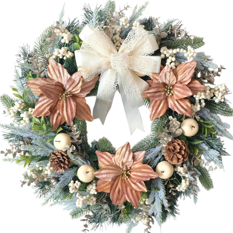 Pink poinsettia Christmas wreath with berries and poinsettias