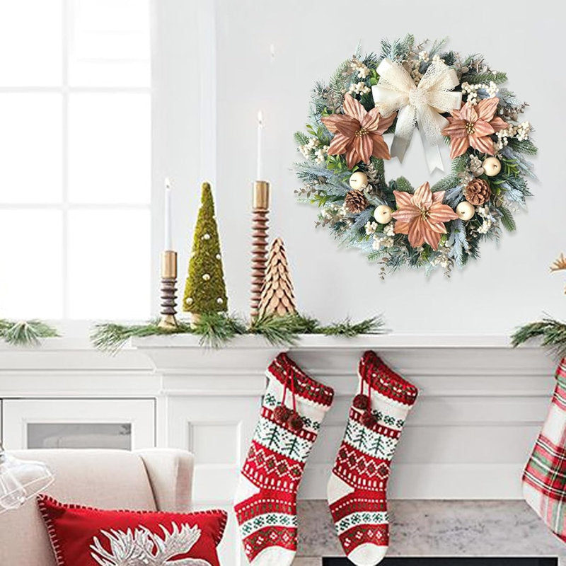 Poinsettia Christmas Wreath – Pink – Winter Front Door Wreath With Lace Bow, White Berries & Apples, Rustic Farmhouse Style