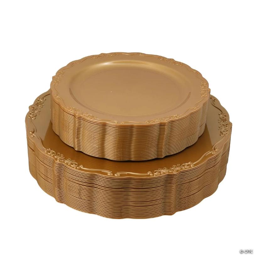 Posh Setting 60 Piece Gold Round Plastic Dinnerware Value Set - Casual | USA Decoration®
