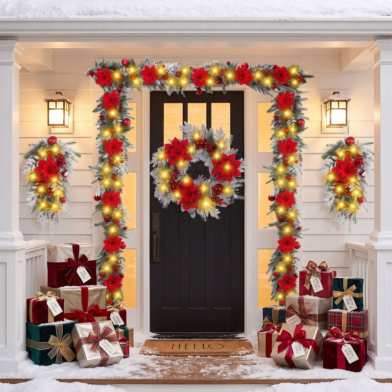 Pre-lit door frame decor set with LED lights and red berries