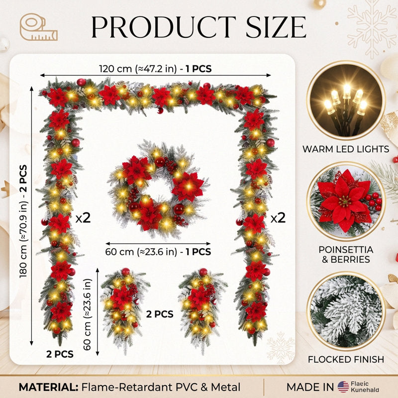 Pre‑lit Flocked Christmas Door Frame Decor Set, Artificial Snowy Christmas Garland, Wreath and Teardrop Swag with Warm LED Lights, Red Poinsettia, Berries and Ball Ornaments, Winter Holiday Front Door Decorations
