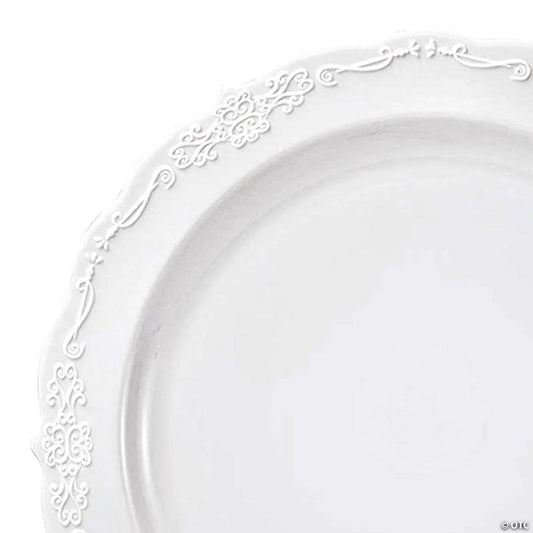 Premium 7.5" White Vintage Round Disposable Plastic Appetizer/Salad Plates  (120 plates) | USA Decoration®