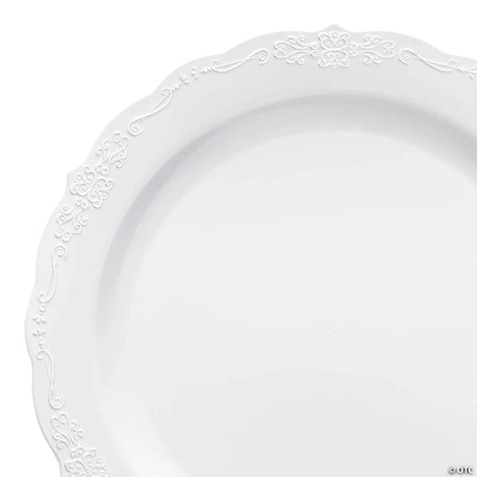 Premium 7.5" White with Silver Vintage Rim Round Disposable Plastic Appetizer/Salad Plates (120 Plates) | USA Decoration®