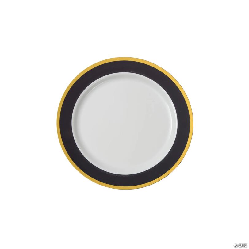 Premium Black & White Plastic Dessert Plates with Gold Trim - 25 Pieces | USA Decoration®