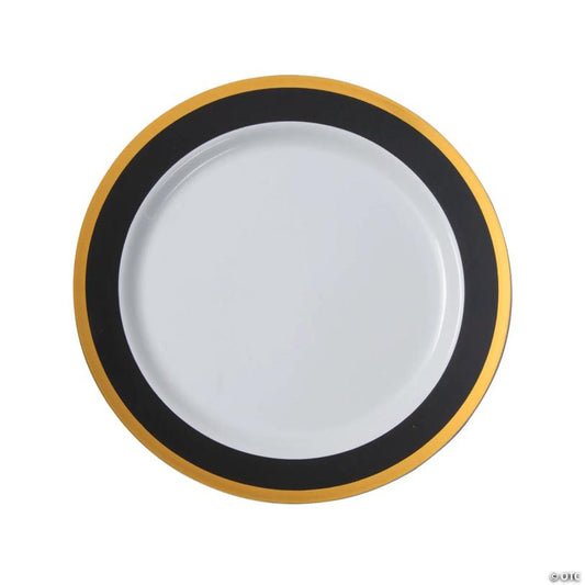 Premium Black & White Plastic Dinner Plates with Gold Border - 25 Pieces | USA Decoration®