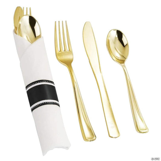 Premium Gold Plastic Cutlery in White Napkin Rolls Set - Napkins, Forks, Knives, Spoons and Paper Rings (100 Sets) | USA Decoration®
