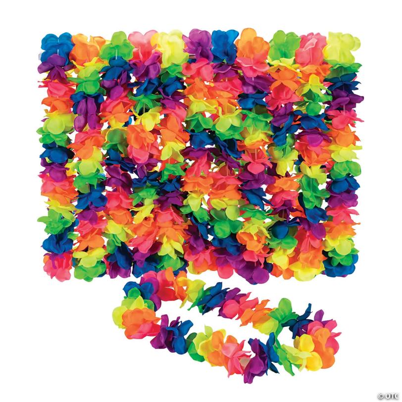 Premium Neon Rainbow Large Petal Polyester Flower Leis - 12 Pc. | USA Decoration®