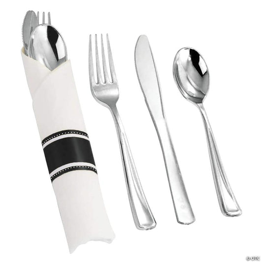 Premium Silver Plastic Cutlery in White Napkin Rolls Set - Napkins, Forks, Knives, Spoons and Paper Rings (100 Sets) | USA Decoration®