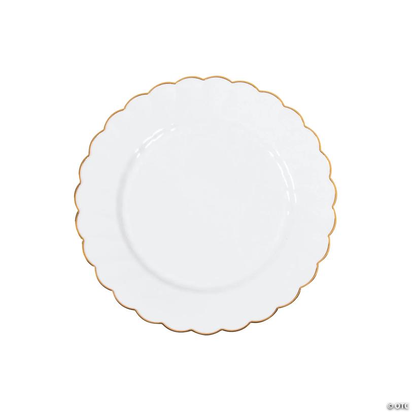 Premium White Elegance Plastic Dessert Plates with Scalloped Gold Trim - 25 Pieces | USA Decoration®