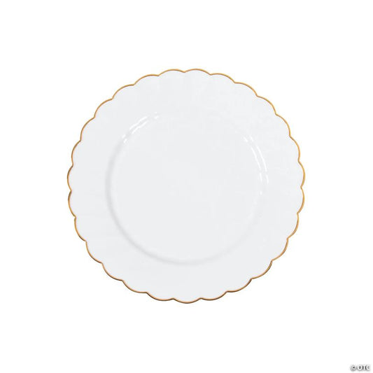 Premium White Elegance Plastic Dessert Plates with Scalloped Gold Trim - 25 Pieces | USA Decoration®