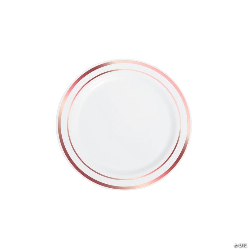 Premium White Plastic Dessert Plates with Rose Gold Trim - 25 Pieces | USA Decoration®