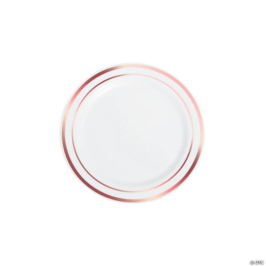 Premium White Plastic Dessert Plates with Rose Gold Trim - 25 Pieces | USA Decoration®