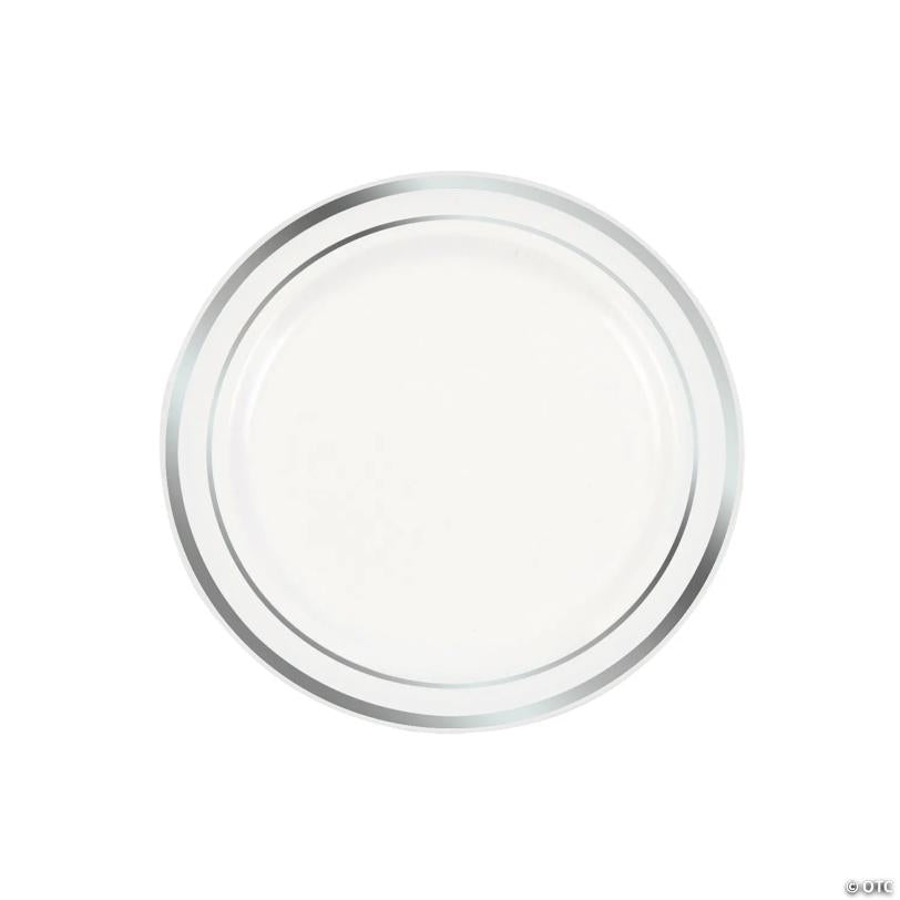 Premium White Plastic Dessert Plates with Silver Trim - 25 Pieces | USA Decoration®