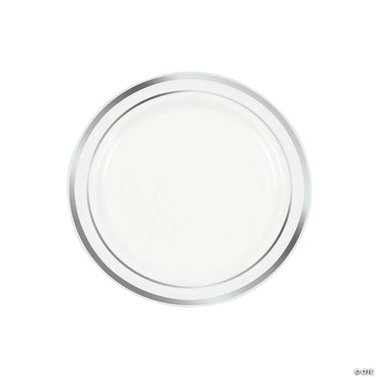 Premium White Plastic Dessert Plates with Silver Trim - 25 Pieces | USA Decoration®
