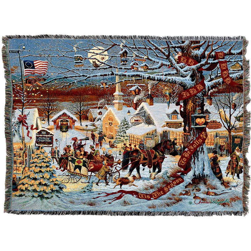 Pure Country Weavers Small Town Christmas Blanket by Charles Wysocki - Sleigh Ride Early America Gift Tapestry Throw Woven from Cotton - Made in the USA (72x54)