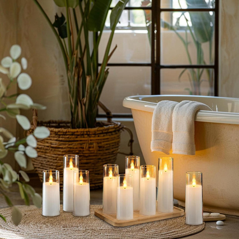 Pure White Flameless Candles 9 Set, Battery Operated Candles With Remote And Timer, Acrylic Flickering LED Pillar Candles For Wedding Home Decor, D2.2''Xh5''6" 7", Warm White Light