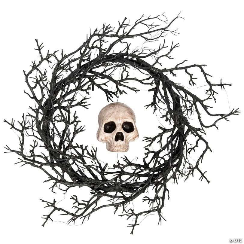 Purple Light-Up Branches & Aged Skull Wreath Halloween Decoration 26