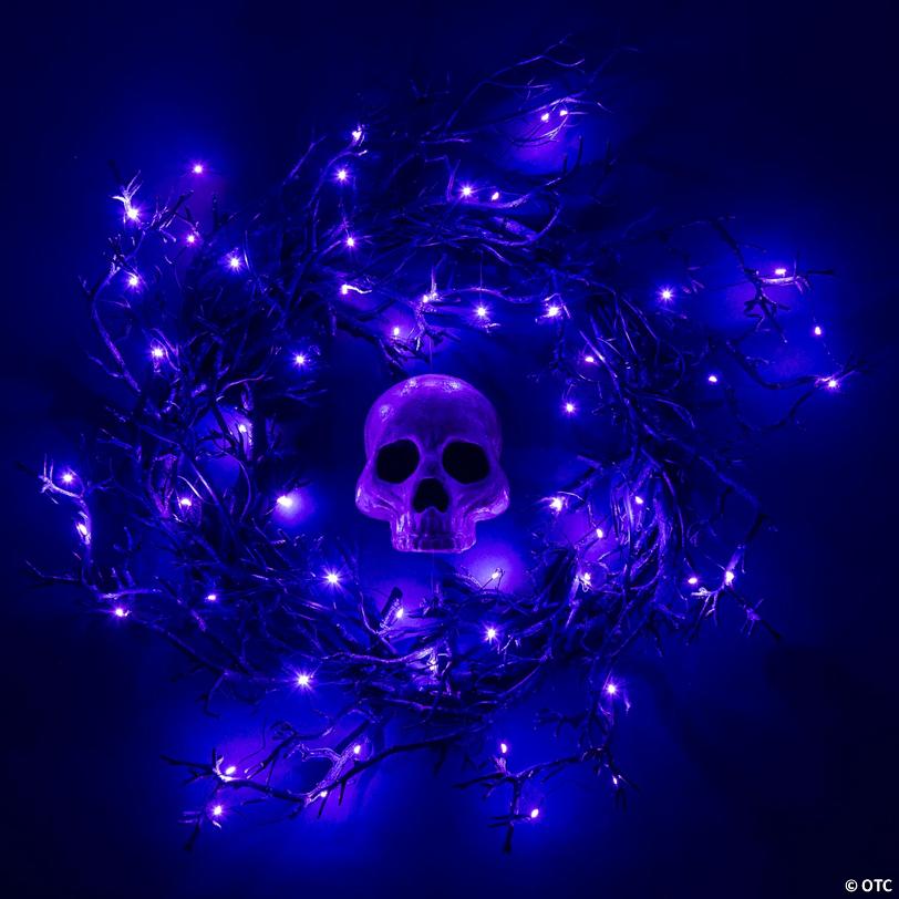 Purple Light-Up Branches & Aged Skull Wreath Halloween Decoration 26