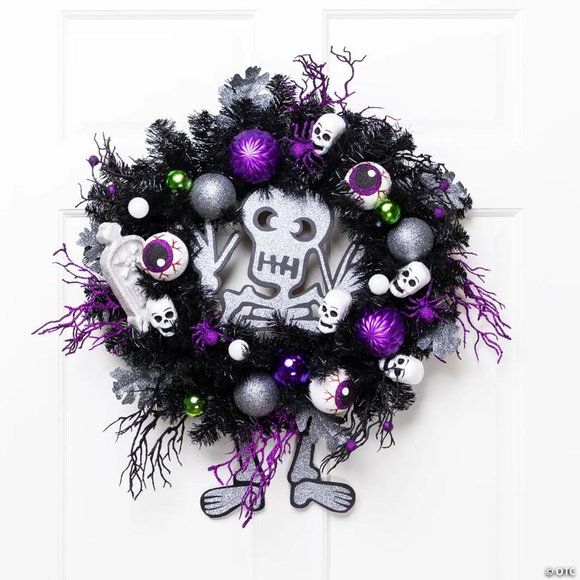 Purple and Black Spooky Skeleton Pine Halloween Wreath  24-Inch  Unlit