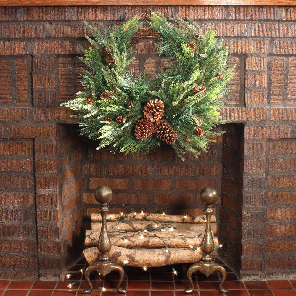 26 Inch Mixed Bristle Pine Wreath with Light Green Cypress Tips and Pinecones | USA Decoration®