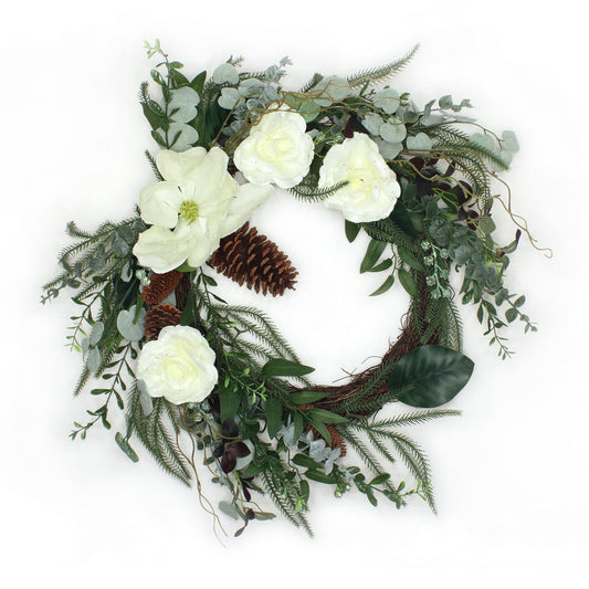 26 Inch Mixed Greens Wreath with White Flowers Rose Magnolia Pinecones | USA Decoration®