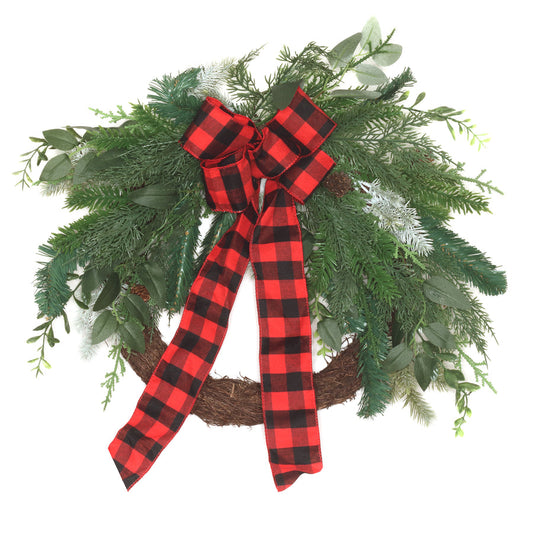 22 Inch Mixed Pine and Leafy Wreath with Black Red Plaid Bow | USA Decoration®