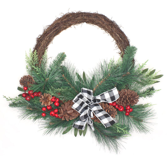 24 Inch Mixed Pine and Berries Wreath with Black White Plaid Bow | USA Decoration®