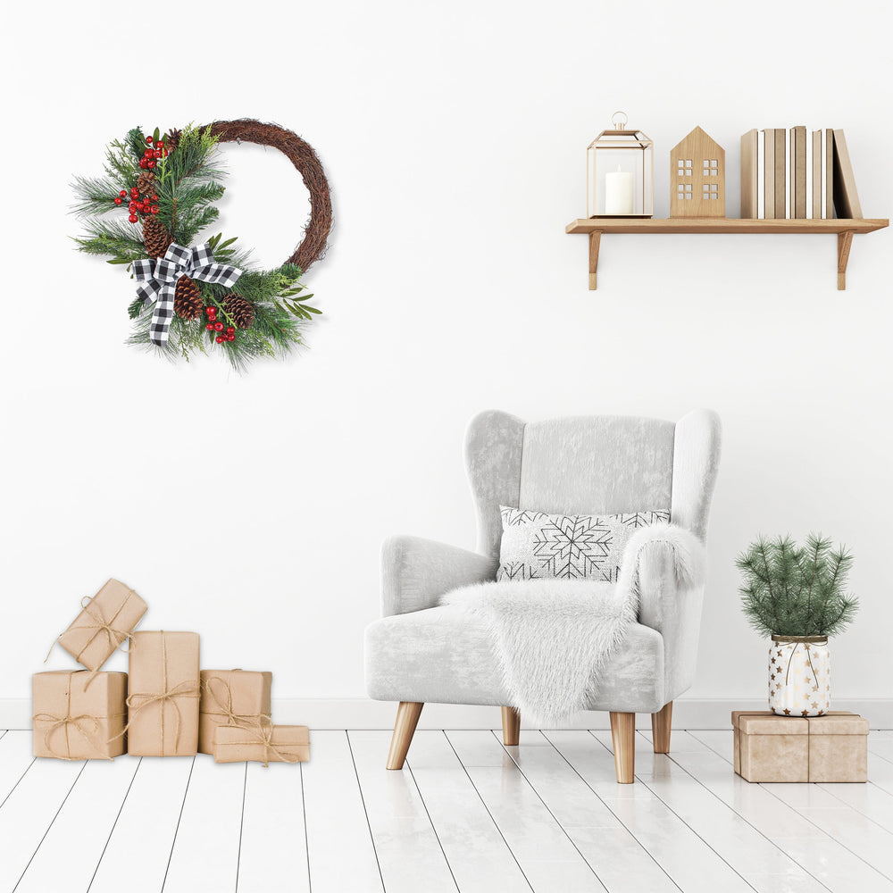 24 Inch Mixed Pine and Berries Wreath with Black White Plaid Bow | USA Decoration®