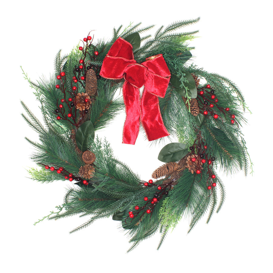 26 Inch Christmas Mixed Pine Wreath with Red Bow Pinecones and Berries | USA Decoration®