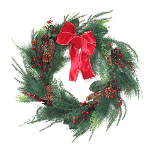 26 Inch Christmas Mixed Pine Wreath with Red Bow Pinecones and Berries | USA Decoration®