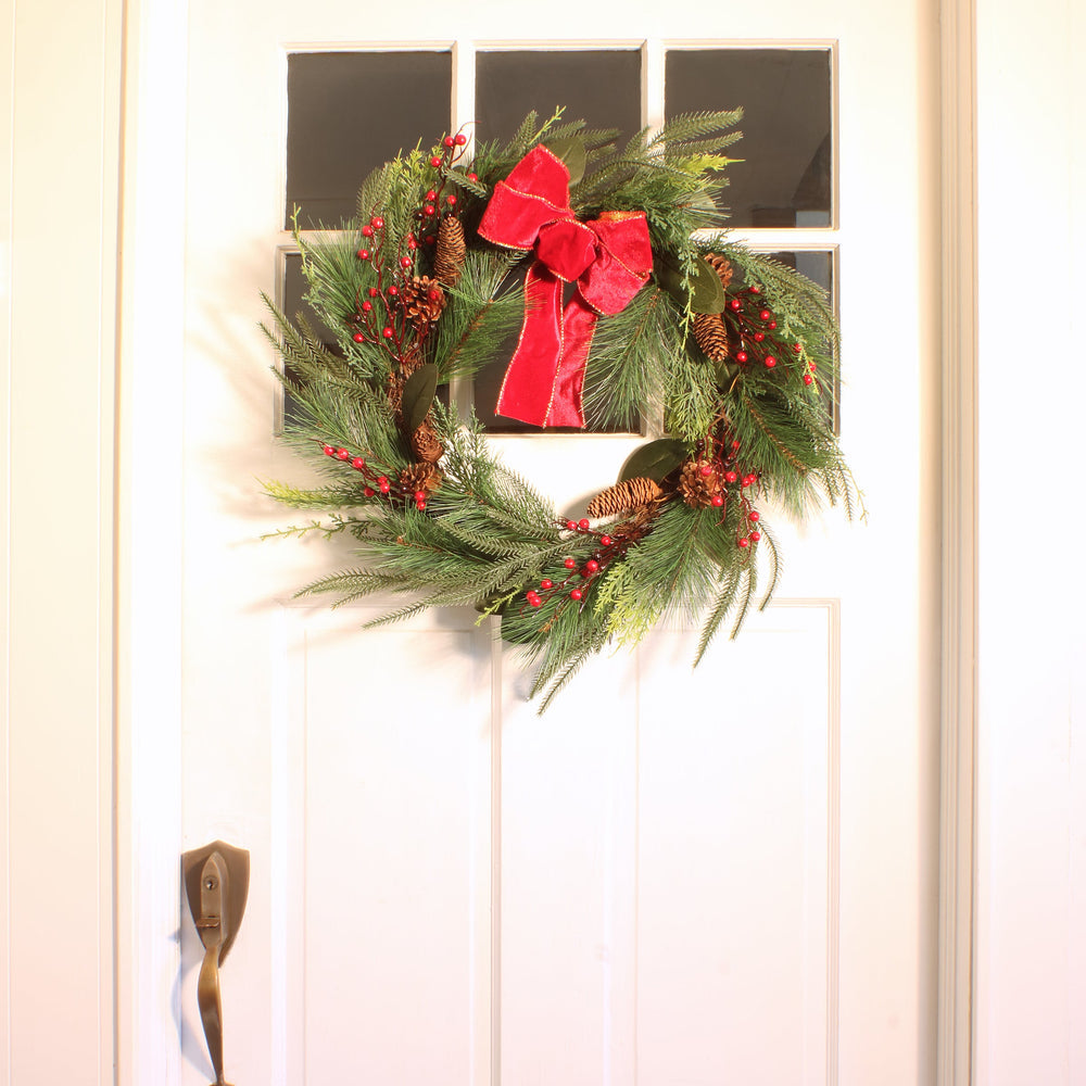 26 Inch Christmas Mixed Pine Wreath with Red Bow Pinecones and Berries | USA Decoration®