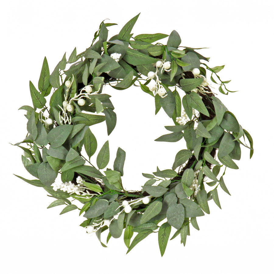24 Inch Mixed Leaves Wreath with White Berry Clusters Holiday Decoration | USA Decoration®