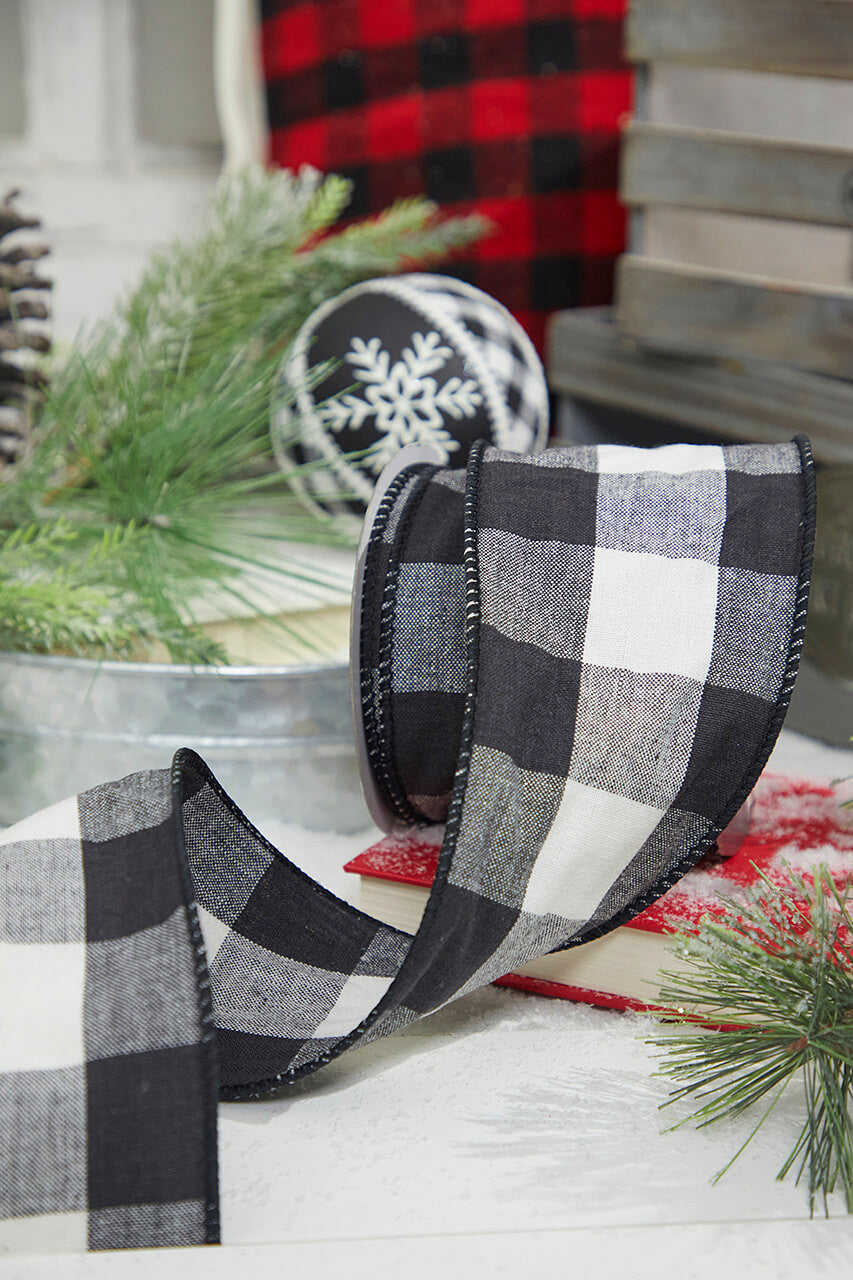 4” x 10 Yard Black and White Buffalo Plaid Ribbon for Holiday Decor
