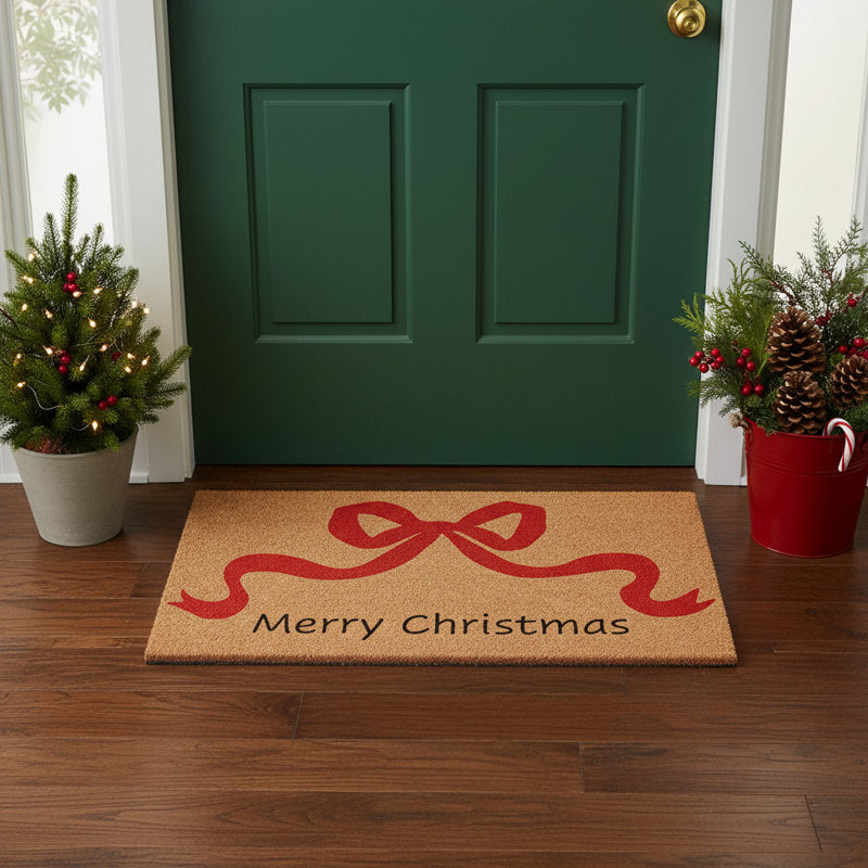 Red Christmas Bow Doormat, 24" x 36"