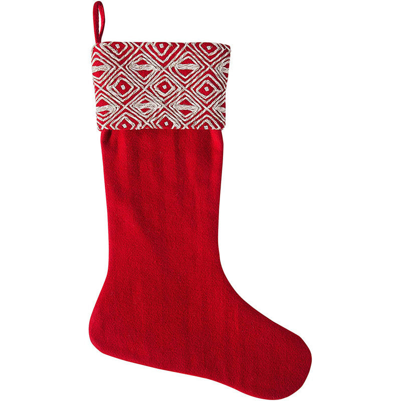 Red Christmas Stocking with Geo Embroidered Cuff in Recycled Wool