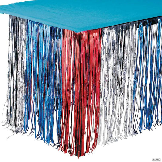 Red, Silver & Blue Metallic Fringe Plastic Table Skirt